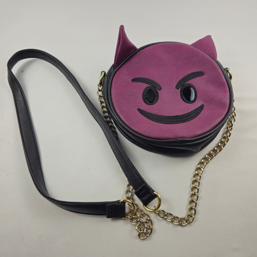 Purple Devil Emoji Crossbody Bag Round Faux Leather Chain Strap Purse 8" Cute
